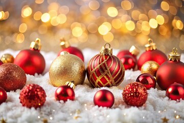 Fototapeta premium Holiday red gold decorations snow background wide-angle