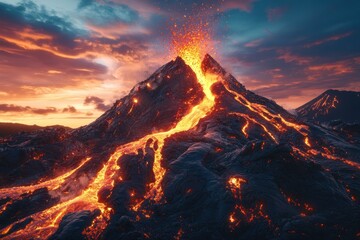 Erupting Volcano at Dusk with Lava Flow