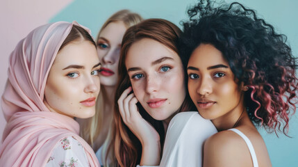 Obraz premium A group of five women of various ethnic backgrounds stands close together, sharing smiles against a pastel-colored backdrop.