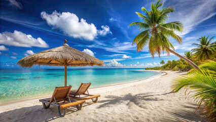 Obraz premium Idyllic tropical beach with thatched umbrella, lounge chairs, clear turquoise waters, white sand, and palm trees under a bright blue sky