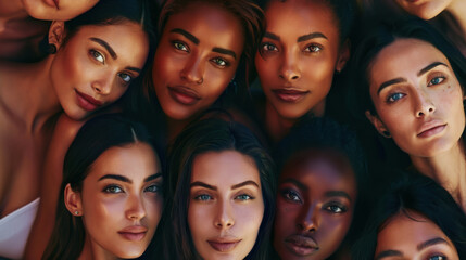 Obraz premium Diverse group of six women showcasing natural beauty in a minimalist setting