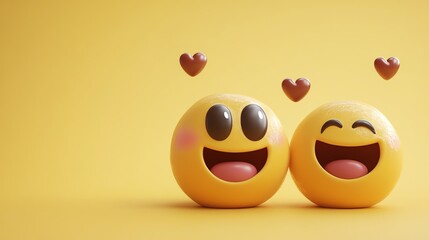 Two 3D emojis with happy faces and hearts above them on a yellow background.