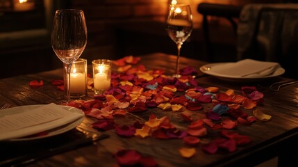 Fototapeta premium A romantic dinner setting adorned with multicolored rose petals scattered on the table, complemented by soft candlelight for an intimate atmosphere.