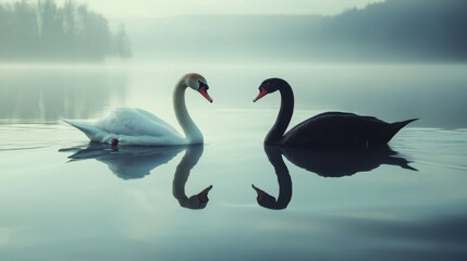 Fototapeta premium A serene white swan and a majestic black swan gliding gracefully together across a calm, reflective lake.