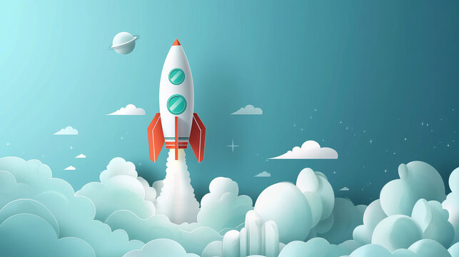 Welcome back to school business success concept greeting card - Illustration of rocket rising upwards, with blue cludy sky
