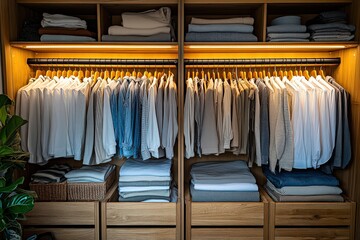  Neatly organized wardrobe with minimalist clothing pieces made from organic and sustainable materials.