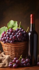 Fototapeta premium A wine bottle beside a basket full of grapes, complemented by grape leaves and rustic fabric