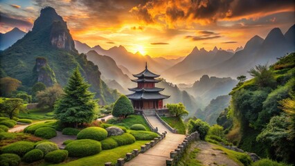 Scenic Mountain Pathway to Serene Temple: A Stunning Documentary Photography Experience