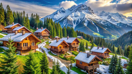 Naklejka premium Charming wooden mountain cabins with snow-covered roofs, surrounded by lush pine forests and majestic alpine mountains under a blue sky