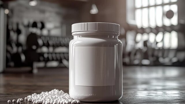 White supplement jar with blank label in a gym setting