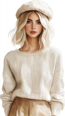 Vintage Platinum Blonde Woman in Oversized Knit Sweater and Beret, Winter Fashion Concept Generative AI