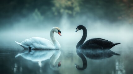 Obraz premium A tranquil morning view of a white swan and black swan resting on the surface of a misty lake.