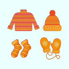 Set of abstract winter subjects for social media stories. Colorful winter clothes  with socks, sweater, mittens, hats. Wintry scenes . Use for event invitation, discount voucher, ad. 