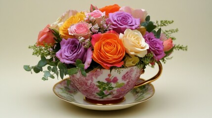 A vibrant arrangement of multicolored roses in a whimsical garden teacup, showcasing a unique and playful take on floral design.