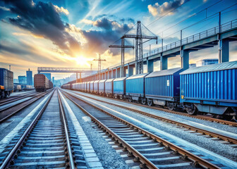 Fototapeta premium train on railroad tracks under dramatic sky at sunset, showcasing vibrant colors and industrial scenery. scene evokes sense of adventure and exploration