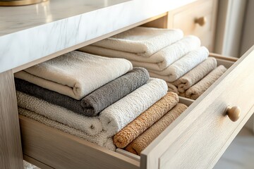  Neatly folded towels organized in a wooden drawer, showcasing a clean, minimalist lifestyle. Soft textures and neutral tones reflect calm and care in home living.