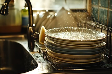 Fototapeta premium Stack of wet dishes in a sink, freshly washed, with water droplets glistening, representing cleanliness and home care.