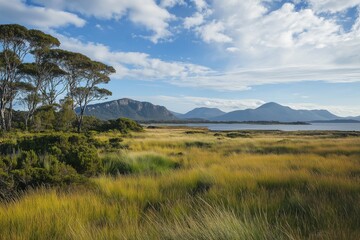 A large field of grass with a few trees in the background. The sky is blue and there are some clouds