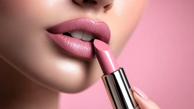 close up of glamorous young woman applying pink lipstick on grey background, beauty and makeup