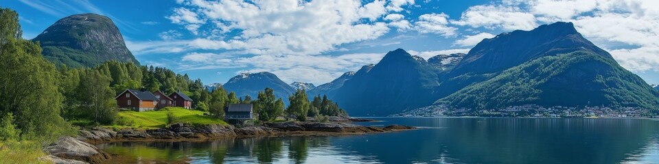 Fototapeta premium A beautiful mountain landscape with a lake in the foreground. The mountains are covered in trees and the lake is calm and peaceful. The scene is serene and picturesque, with a sense of tranquility