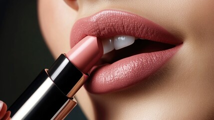 Obraz premium close up of glamorous young woman applying pink lipstick on grey background, beauty and makeup