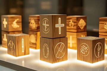  Illuminated wooden blocks featuring healthcare symbols like crosses and pills, symbolizing wellness, care, and medical services in a modern design.