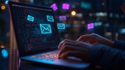 Close up of  hands typing on laptop keyboard with glowing mail icons. Email marketing concept.