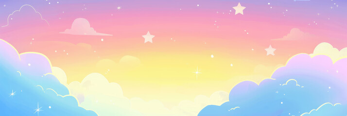 Whimsical Pastel Sky: Soft Blue, Yellow, and Pink Clouds with Twinkling Stars, Perfect for Artistic Covers and Posters