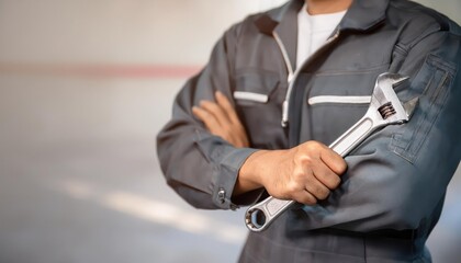 Mechanic with adjustable wrench, workshop background