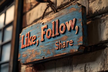  Rustic wooden sign saying "Like, Follow, Share," reflecting social media culture with vintage, handcrafted design.