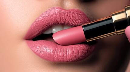 Obraz premium close up of glamorous young woman applying pink lipstick on grey background, beauty and makeup