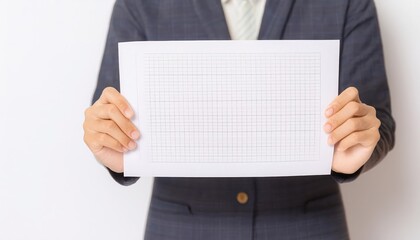 Business professional holding a blank chart paper, white background.