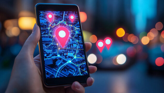 Hands holding a phone showing maps and a localization icon in a street setting, representing local SEO optimization for businesses. Ideal for illustrating digital marketing strategies.