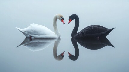 Obraz premium A white swan and black swan in perfect synchrony, their reflections mirrored on the water surface.