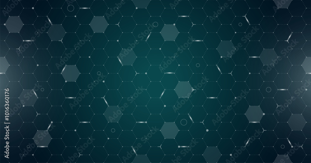 Fototapete VR HUD futuristic interface hexagons grid. Digital UI screen hexagonal mesh. GUI hi tech visor seamless pattern. Spaceship head up display hex particles on dark green background. FUI Sci Fi dashboard