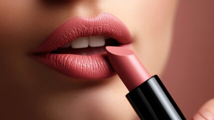 Obraz premium close up of glamorous young woman applying pink lipstick on grey background, beauty and makeup