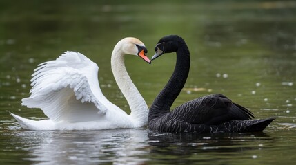 A white swan and black swan with their wings gently touching, creating a sense of unity and balance.