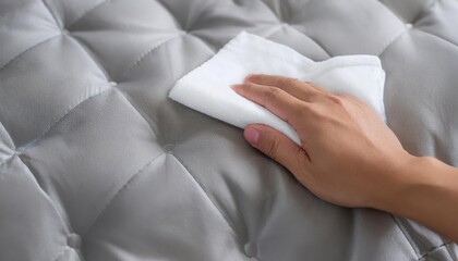 Obraz premium Person cleaning a mattress with a cloth.