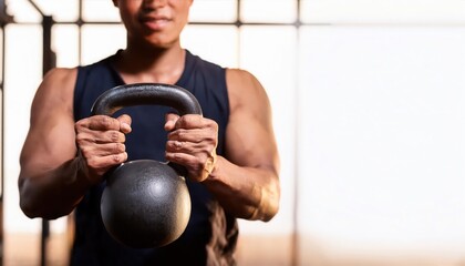 Athlete lifting kettlebell in gym, dynamic workout session.