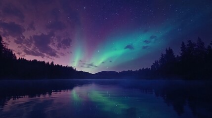 Clear night skies over Swift Lake, with the Northern Lights dancing across the horizon, reflecting on the water.