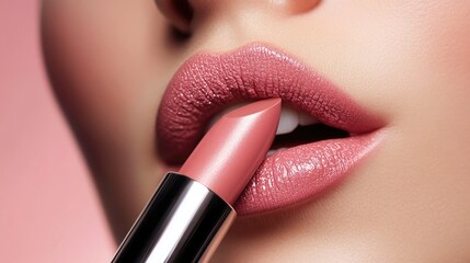 Obraz premium close up of glamorous young woman applying pink lipstick on grey background, beauty and makeup