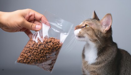 Cat sniffing a bag of pet food, gray isolate background