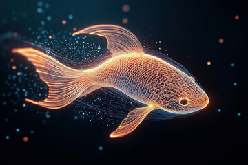 Fototapeta premium A digital illustration of a fish composed of glowing, wireframe neon lines on a dark background, with a futuristic and abstract design.