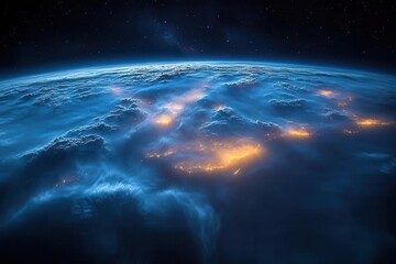Obraz premium earth at night from space glowing city lights across continents wispy cloud patterns deep blue oceans thin atmosphere halo