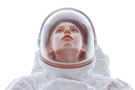 Young girl in a space suit and helmet looking upwards, isolated on a white background. PNG transparent.