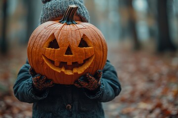 Person holding a glowing jack-o'-lantern over their face, wearing an orange sweater, surrounded by falling autumn leaves in a forest, Generative AI