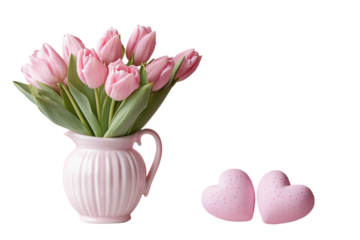 Pink tulips in a vase beside a white frame and heart shapes on a pastel pink background. PNG transparent.