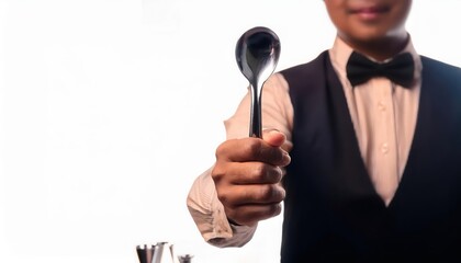 Naklejka premium Waiter presenting a spoon with a professional smile.