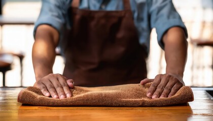 Baker preparing dough on wooden table with hands.