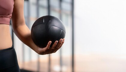Woman holding a black medicine ball in a gym setting